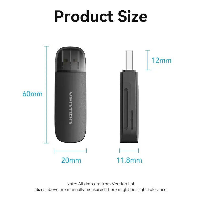Vention 2-w-1 czytnik kart USB 3.0 A SD+TF, USB 3.2 Gen 1, 5000 Mbit/s, Czarny