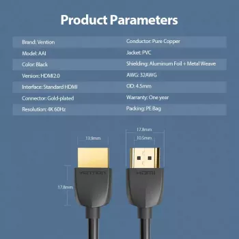 Vention Portable HDMI kabel 3M Czarny HDMI 2.0 18 Gbit/s