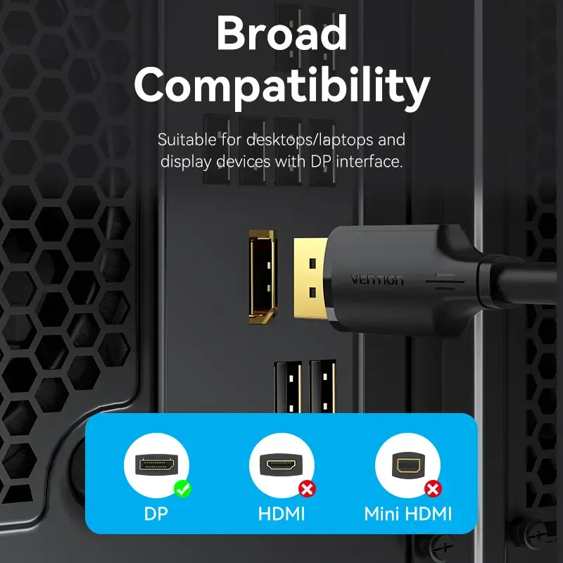 Kabel DisplayPort męsko-męski Vention 1,5 m, 4K HD, czarny, średnica 6 mm