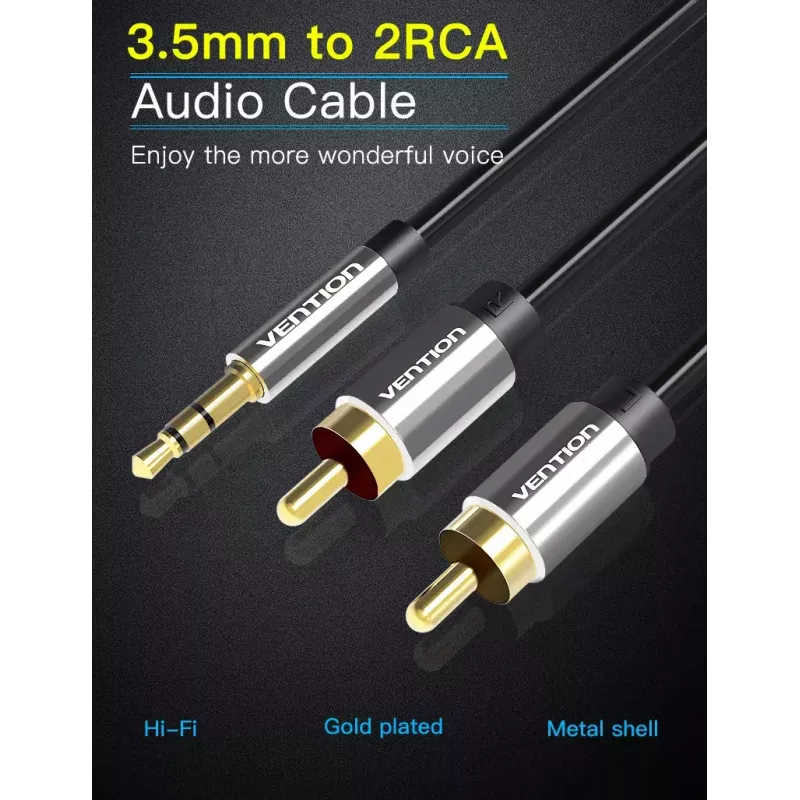Kabel audio Vention 3,5 mm męski na 2×RCA męski, 1,5 m, aluminium/czarny
