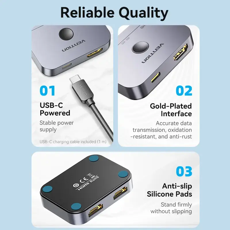 Vention 2-Port Bi-Directional 8K HDMI Switcher AKPH0, HDMI 2.1, 7680×4320@60Hz, USB-C power, Aluminium, szary