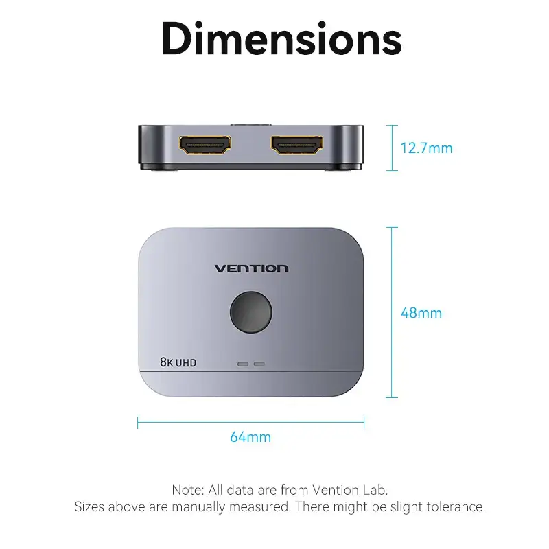 Vention 2-Port Bi-Directional 8K HDMI Switcher AKPH0, HDMI 2.1, 7680×4320@60Hz, USB-C power, Aluminium, szary