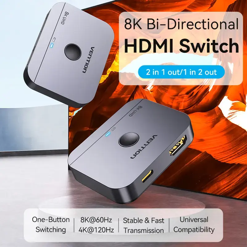 Vention 2-Port Bi-Directional 8K HDMI Switcher AKPH0, HDMI 2.1, 7680×4320@60Hz, USB-C power, Aluminium, szary