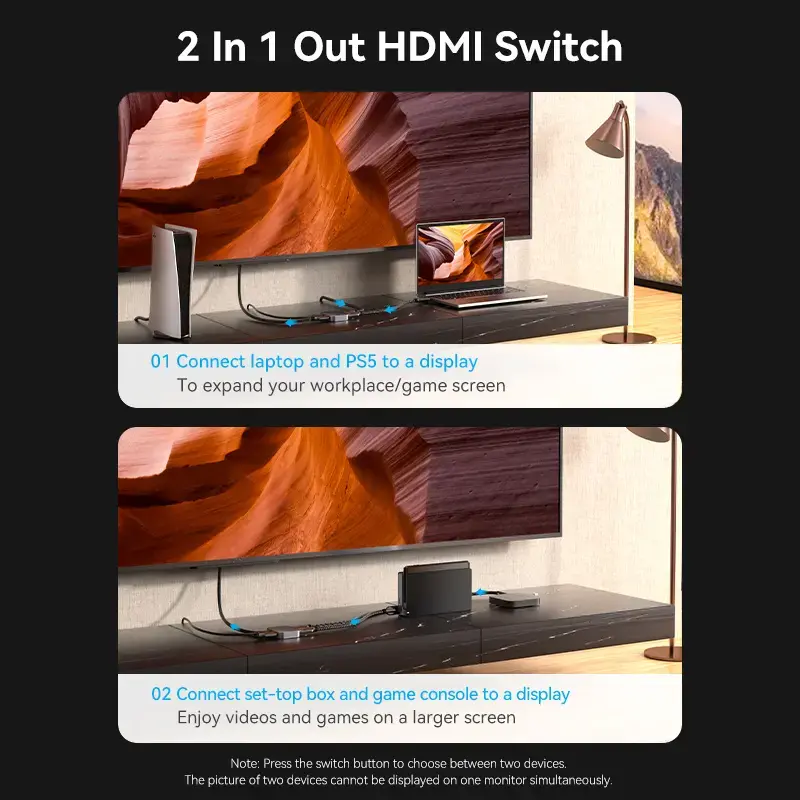 Vention 2-Port Bi-Directional 8K HDMI Switcher AKPH0, HDMI 2.1, 7680×4320@60Hz, USB-C power, Aluminium, szary