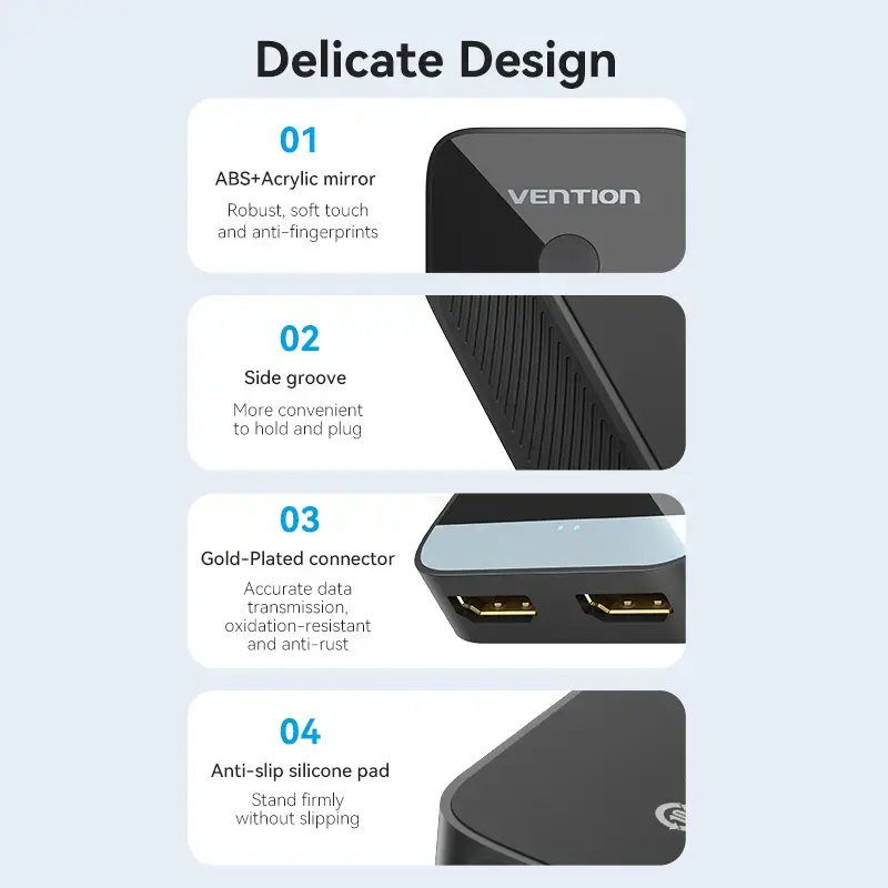 Przełącznik HDMI 2-portowy dwukierunkowy 4K Vention AKOB0 — 3 porty HDMI, 3840×2160@60Hz, ABS, Plug and Play