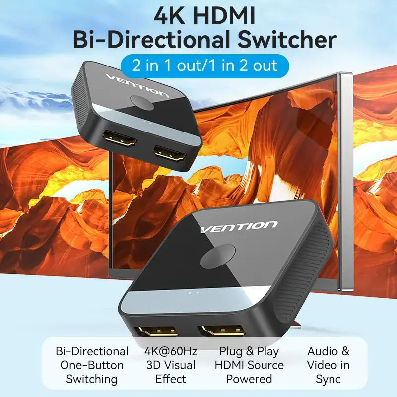 Przełącznik HDMI 2-portowy dwukierunkowy 4K Vention AKOB0 — 3 porty HDMI, 3840×2160@60Hz, ABS, Plug and Play