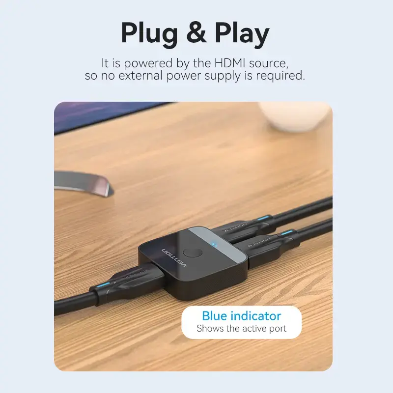 Przełącznik HDMI 2-portowy dwukierunkowy 4K Vention AKOB0 — 3 porty HDMI, 3840×2160@60Hz, ABS, Plug and Play