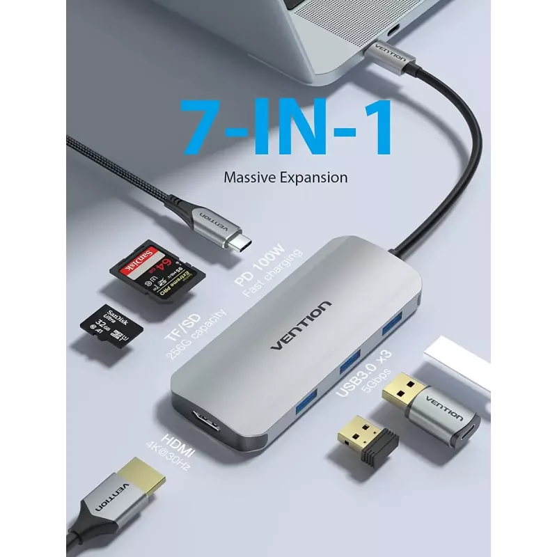Stacja dokująca Vention USB-C do HDMI USB 3.0x3 SD TF PD 100W Szary