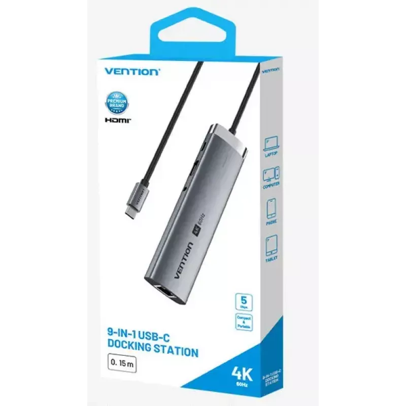 Stacja dokująca Vention 9-w-1 USB-C TGVHB — RJ-45, HDMI 4K@60Hz, USB 3.2 Gen1, SD/MicroSD, 1x USB-C