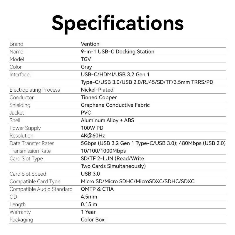 Stacja dokująca Vention 9-w-1 USB-C TGVHB — RJ-45, HDMI 4K@60Hz, USB 3.2 Gen1, SD/MicroSD, 1x USB-C