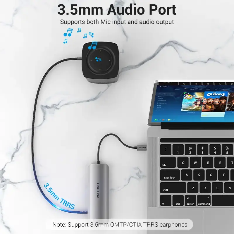Stacja dokująca Vention wielofunkcyjna USB-C do HDMI USB3.0x3 RJ45 SD TF TRRS 3,5 mm PD 0,15 M szara stop aluminium