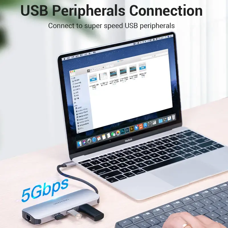 Stacja dokująca Vention wielofunkcyjna USB-C do HDMI USB3.0x3 RJ45 SD TF TRRS 3,5 mm PD 0,15 M szara stop aluminium