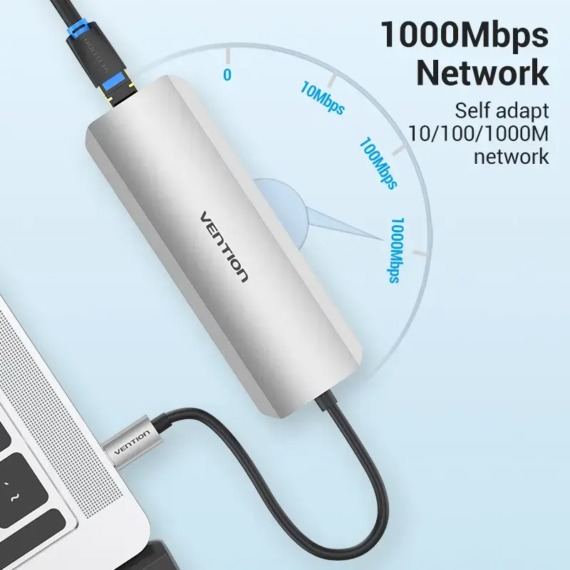 Stacja dokująca Vention wielofunkcyjna USB-C do HDMI USB3.0x3 RJ45 SD TF TRRS 3,5 mm PD 0,15 M szara stop aluminium