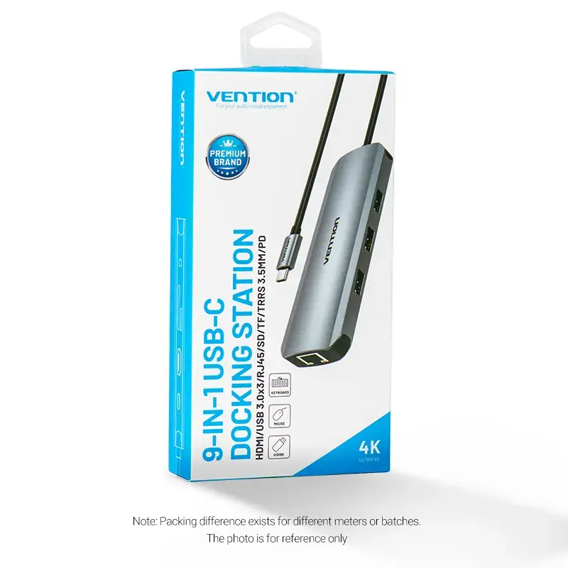 Stacja dokująca Vention wielofunkcyjna USB-C do HDMI USB3.0x3 RJ45 SD TF TRRS 3,5 mm PD 0,15 M szara stop aluminium