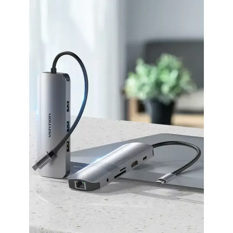 Stacja dokująca Vention wielofunkcyjna USB-C do HDMI USB3.0x3 RJ45 SD TF TRRS 3,5 mm PD 0,15 M szara stop aluminium