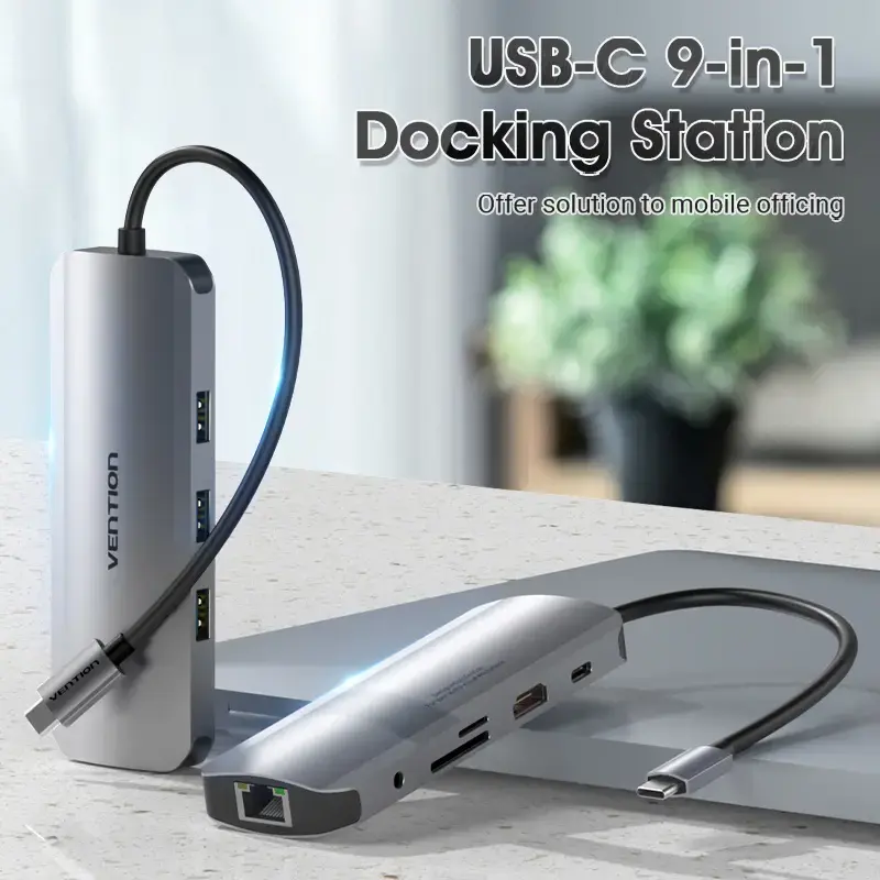 Stacja dokująca Vention wielofunkcyjna USB-C do HDMI USB3.0x3 RJ45 SD TF TRRS 3,5 mm PD 0,15 M szara stop aluminium