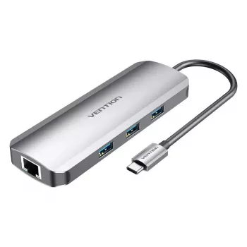 Stacja dokująca Vention wielofunkcyjna USB-C do HDMI USB3.0x3 RJ45 SD TF TRRS 3,5 mm PD 0,15 M szara stop aluminium