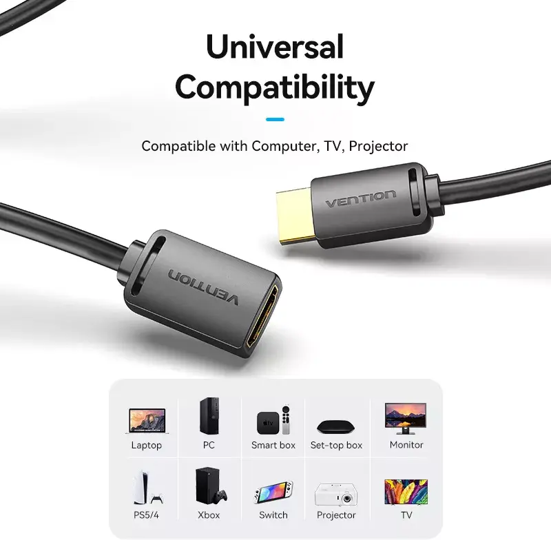 Kabel HDMI Vention HDMI-A męski na HDMI-A żeński 2 m, HDMI 2.0 18 Gbit/s, 4K, pozłacane złącza, czarny