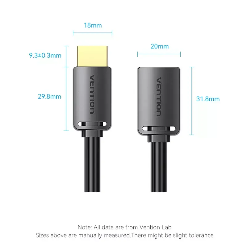 Kabel HDMI Vention HDMI-A męski na HDMI-A żeński 2 m, HDMI 2.0 18 Gbit/s, 4K, pozłacane złącza, czarny