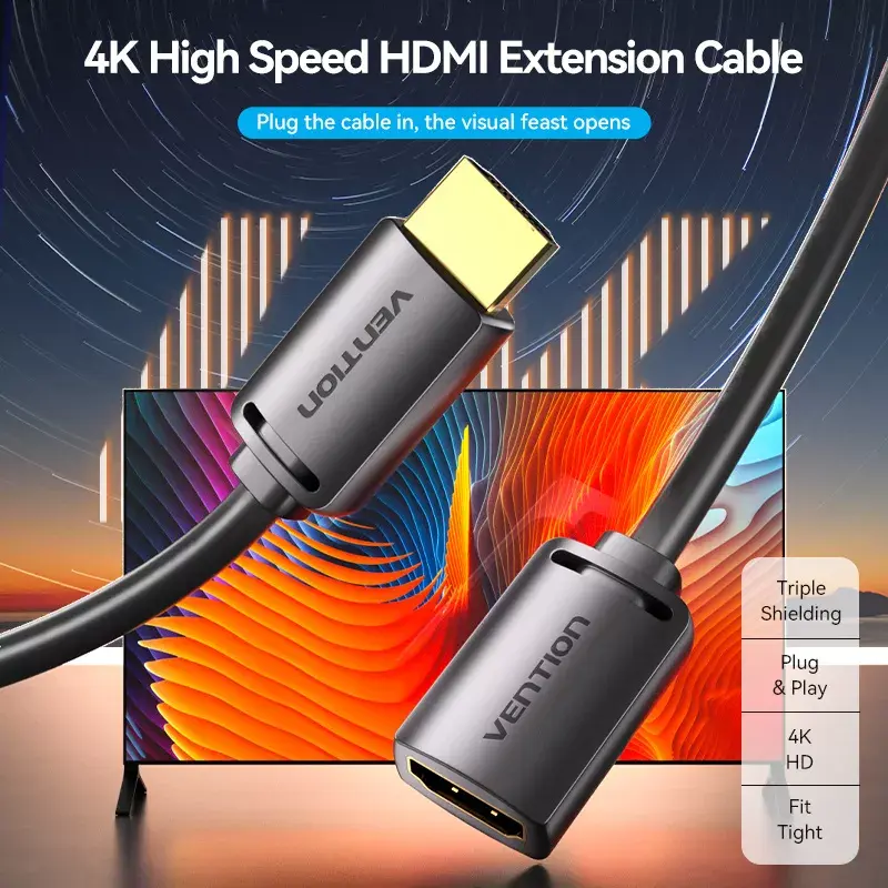 Kabel HDMI Vention HDMI-A męski na HDMI-A żeński 2 m, HDMI 2.0 18 Gbit/s, 4K, pozłacane złącza, czarny
