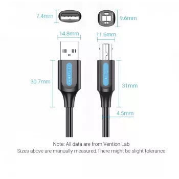 Kabel USB 2.0 A męski na B męski 3 m — Vention — czarny PVC, 480 Mbps, 2 A