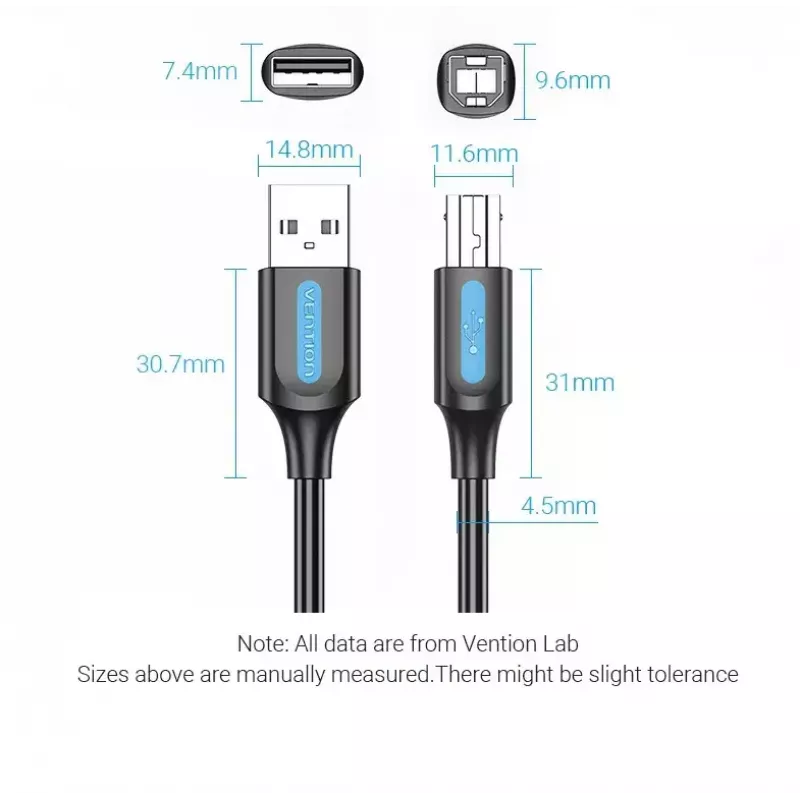 Kabel USB 2.0 A męski na B męski 3 m — Vention — czarny PVC, 480 Mbps, 2 A