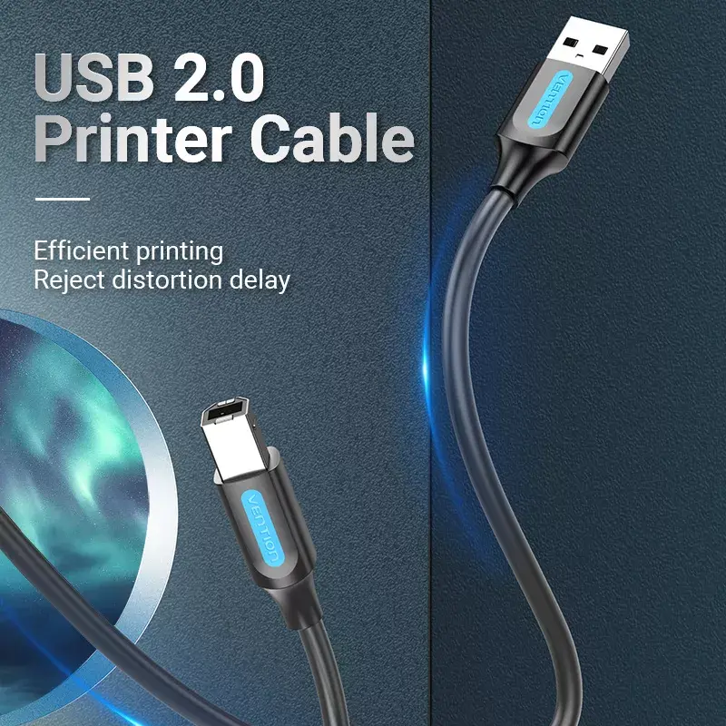 Kabel USB 2.0 A męski na B męski 3 m — Vention — czarny PVC, 480 Mbps, 2 A