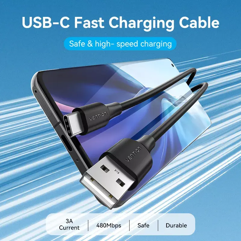 Kabel Vention USB 2.0 Męski A na Męski C 3A 0,25 m Czarny