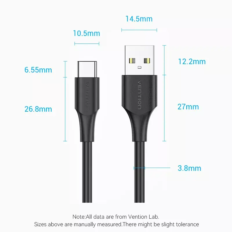 Vention USB 2.0 A Męski na C Męski Kabel 3A 0,5M Czarny