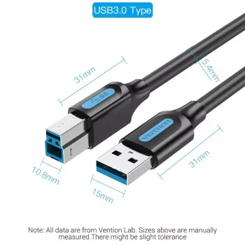 Kabel Vention USB 3.0 A na B 3 m — USB 3.2 Gen 1 (5 Gbit/s), Czarny, Złącza niklowane