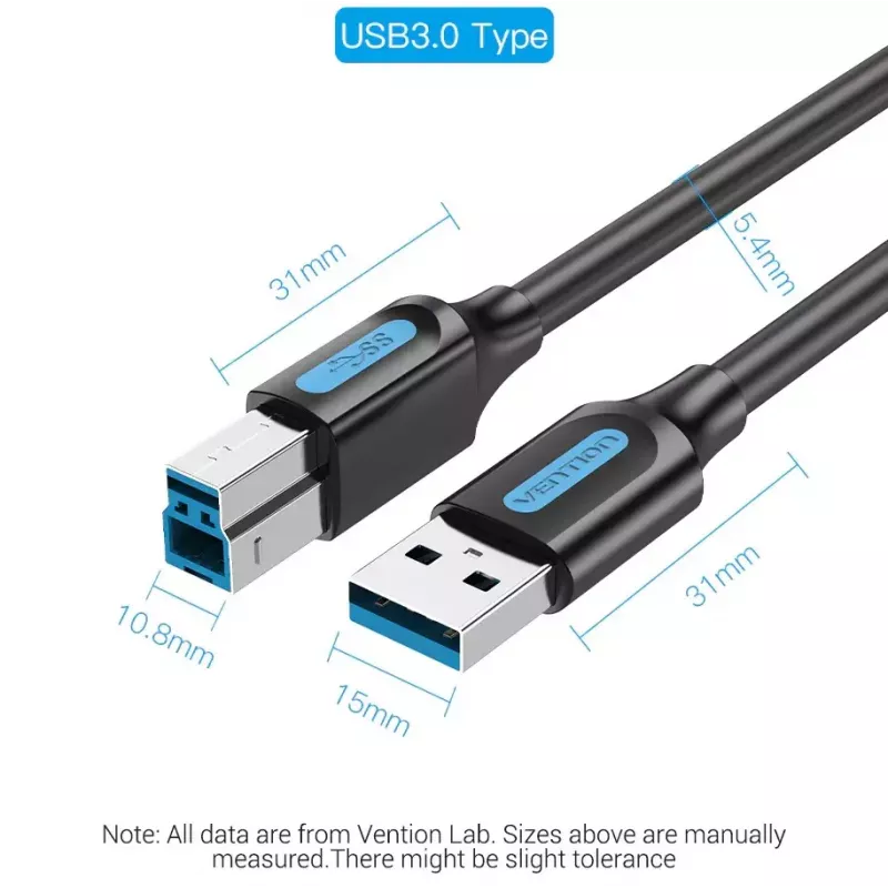 Kabel Vention USB 3.0 A na B 3 m — USB 3.2 Gen 1 (5 Gbit/s), Czarny, Złącza niklowane