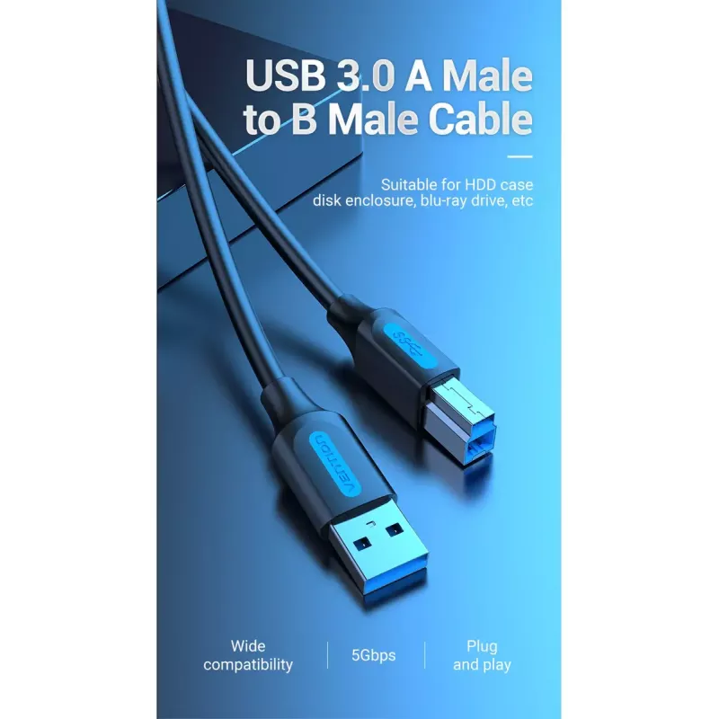 Kabel Vention USB 3.0 A na B 3 m — USB 3.2 Gen 1 (5 Gbit/s), Czarny, Złącza niklowane