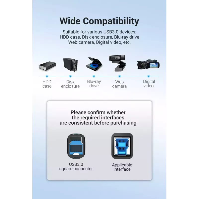 Kabel Vention USB 3.0 A na B 3 m — USB 3.2 Gen 1 (5 Gbit/s), Czarny, Złącza niklowane