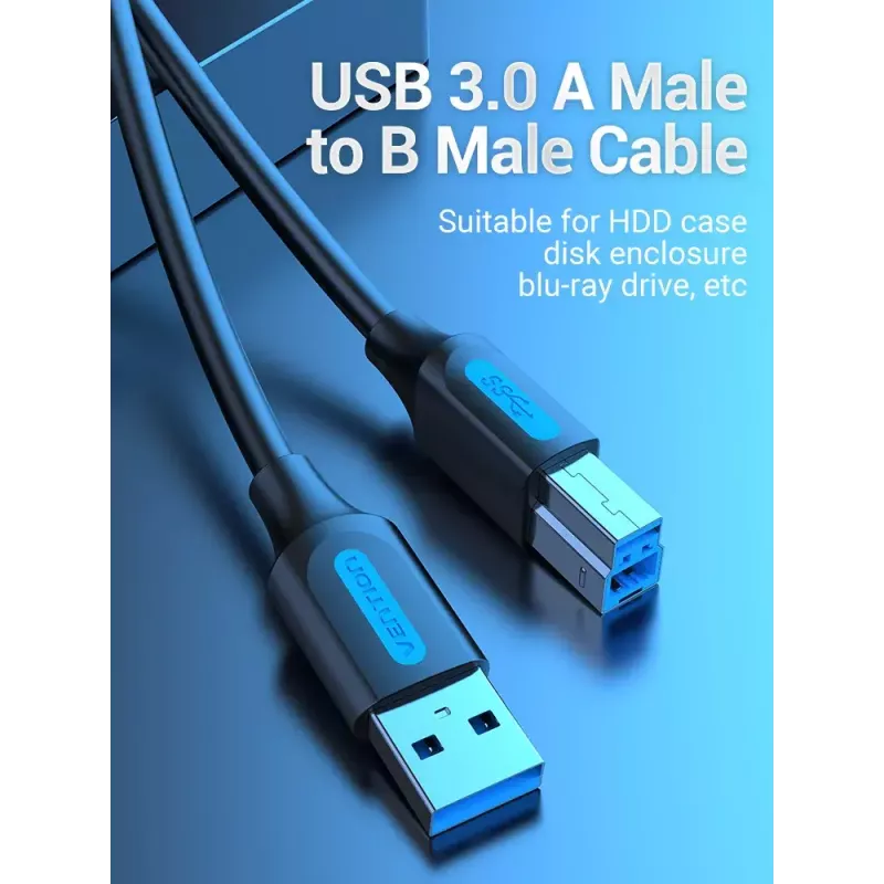 Kabel Vention USB 3.0 A na B 3 m — USB 3.2 Gen 1 (5 Gbit/s), Czarny, Złącza niklowane