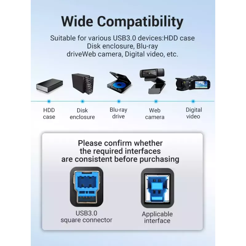 Kabel Vention USB 3.0 A na B 3 m — USB 3.2 Gen 1 (5 Gbit/s), Czarny, Złącza niklowane