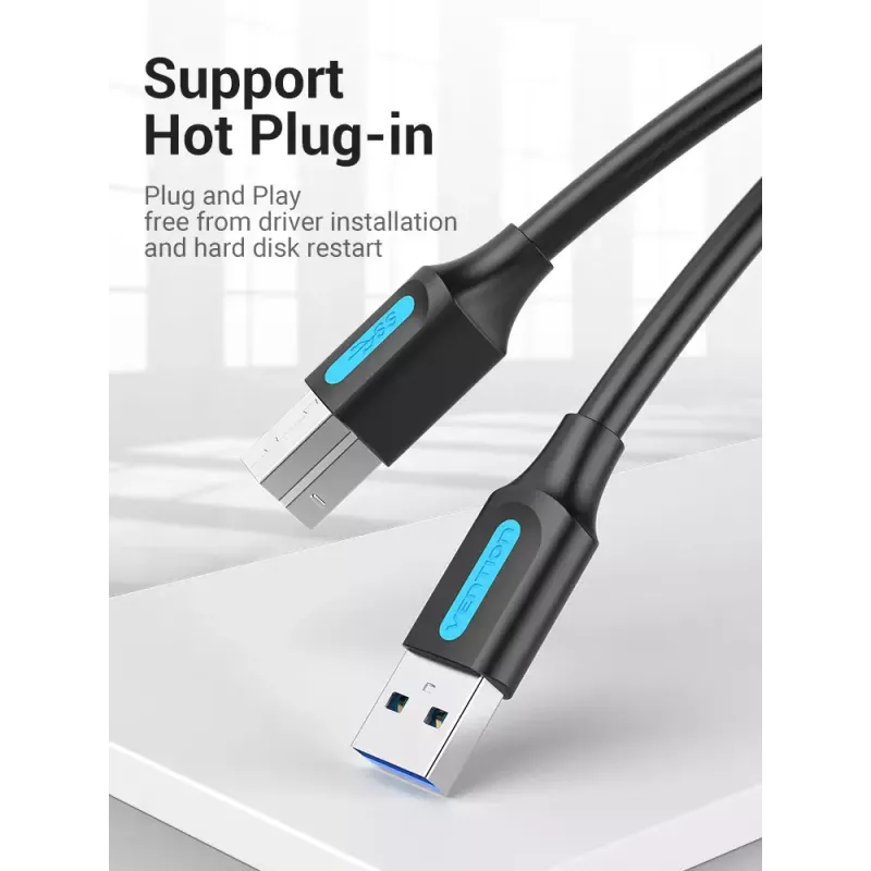 Kabel Vention USB 3.0 A na B 3 m — USB 3.2 Gen 1 (5 Gbit/s), Czarny, Złącza niklowane