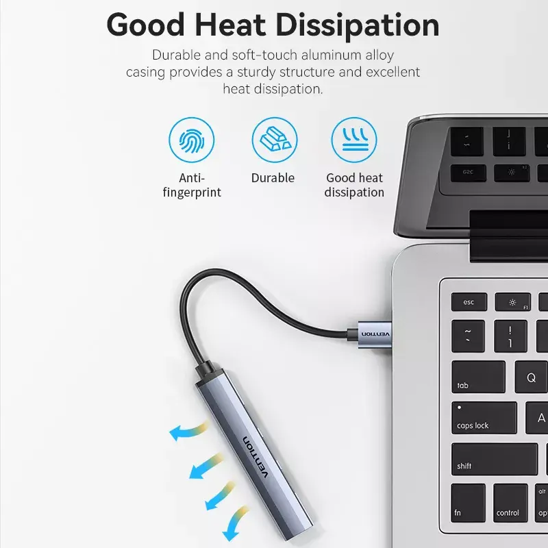 Koncentrator USB Vention CKOHB — 4-portowy hub USB 3.2 Gen 1/USB 2.0, kabel 0,15 m, szare aluminium