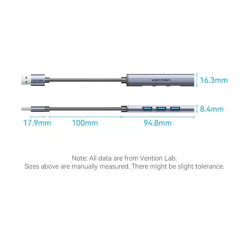 Koncentrator USB Vention CKOHB — 4-portowy hub USB 3.2 Gen 1/USB 2.0, kabel 0,15 m, szare aluminium