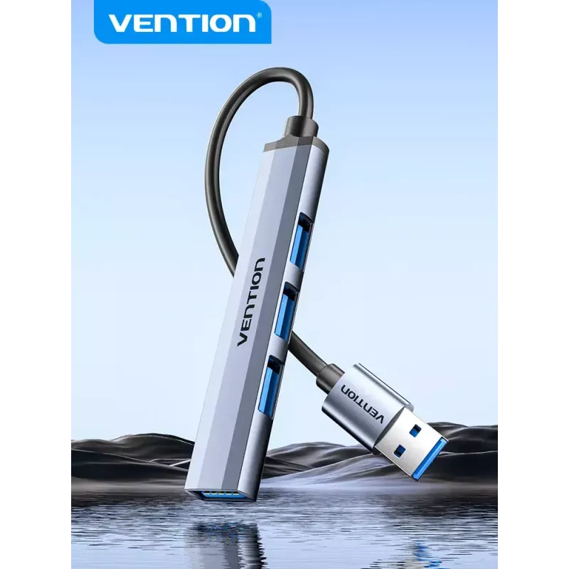 Koncentrator USB Vention CKOHB — 4-portowy hub USB 3.2 Gen 1/USB 2.0, kabel 0,15 m, szare aluminium