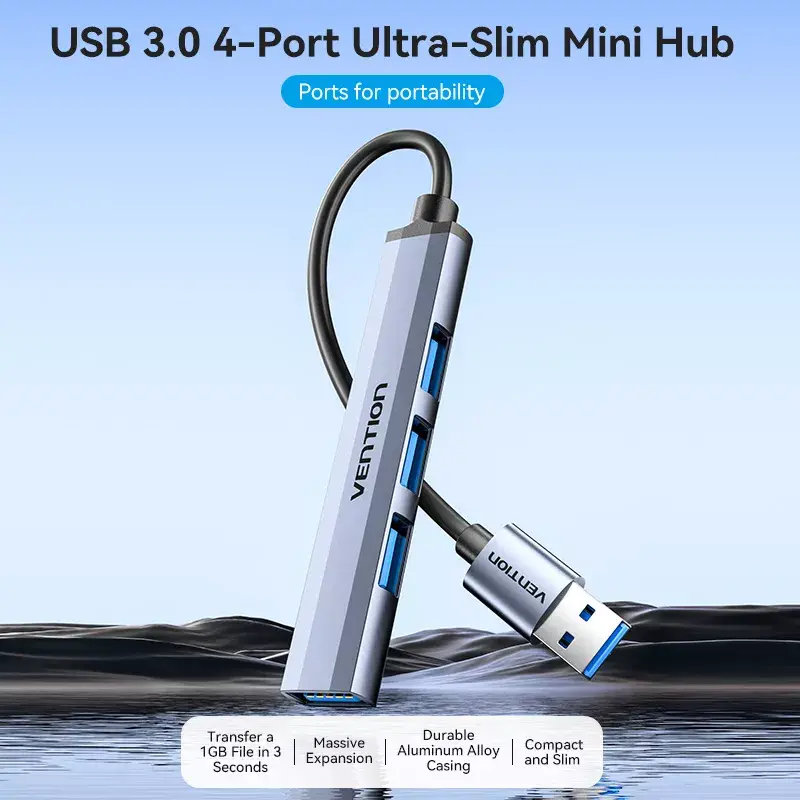 Koncentrator USB Vention CKOHB — 4-portowy hub USB 3.2 Gen 1/USB 2.0, kabel 0,15 m, szare aluminium