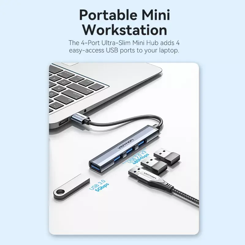Koncentrator USB Vention CKOHB — 4-portowy hub USB 3.2 Gen 1/USB 2.0, kabel 0,15 m, szare aluminium