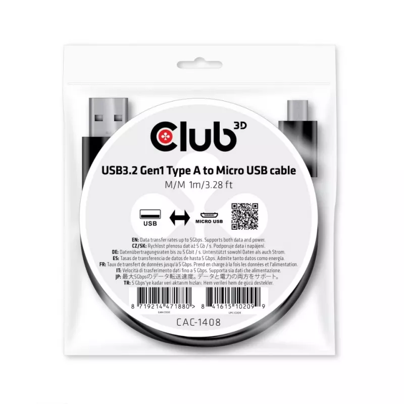 Kabel USB 3.2 Gen1 Typ-A na Micro USB M/M 1m CLUB3D CAC-1408