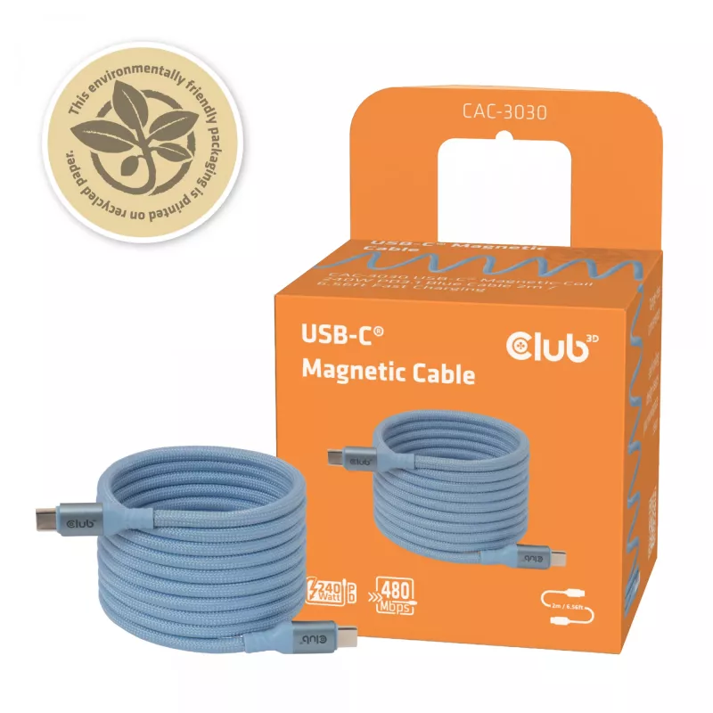 Kabel CLUB3D USB-C® z cewką magnetyczną 240 W PD3.1 niebieski 2 m / 6,56 ft szybkie ładowanie