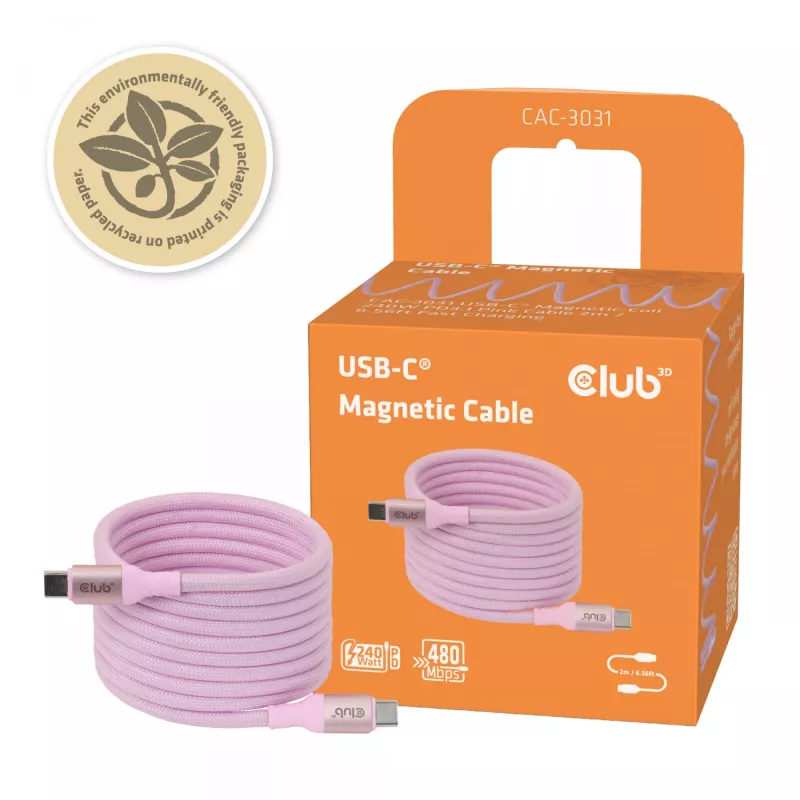 CLUB3D Kabel USB-C zwijany magnetycznie 240W różowy 2m USB 2.0
