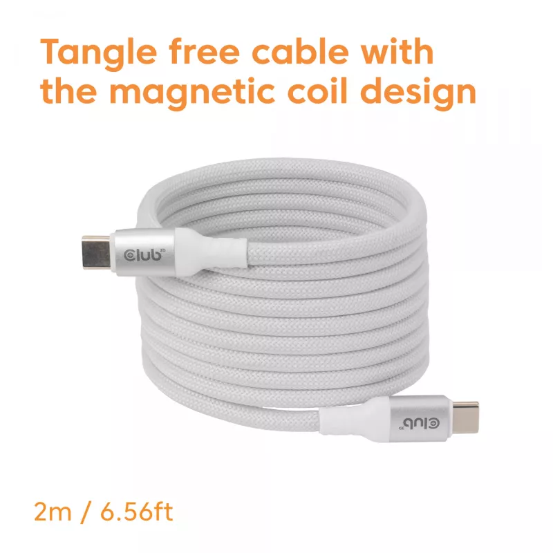 Kabel USB-C z cewką magnetyczną Club 3D CAC-3032 — biały, konstrukcja z cewką magnetyczną do ładowania i przesyłania danych