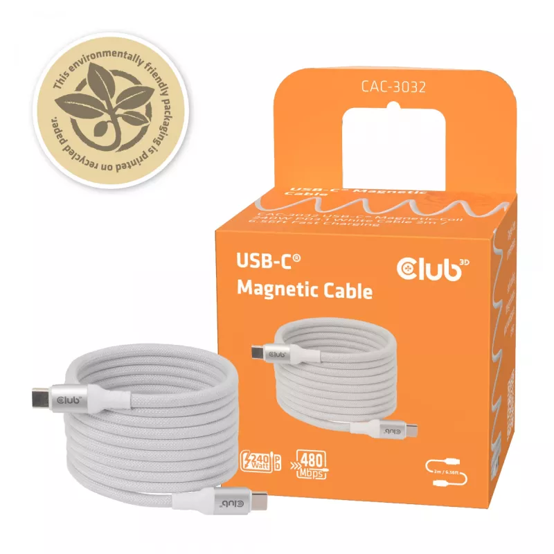 Kabel USB-C z cewką magnetyczną Club 3D CAC-3032 — biały, konstrukcja z cewką magnetyczną do ładowania i przesyłania danych