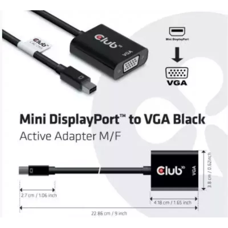 CLUB3D MiniDisplayPort™ na VGA, czarny adapter aktywny M/F