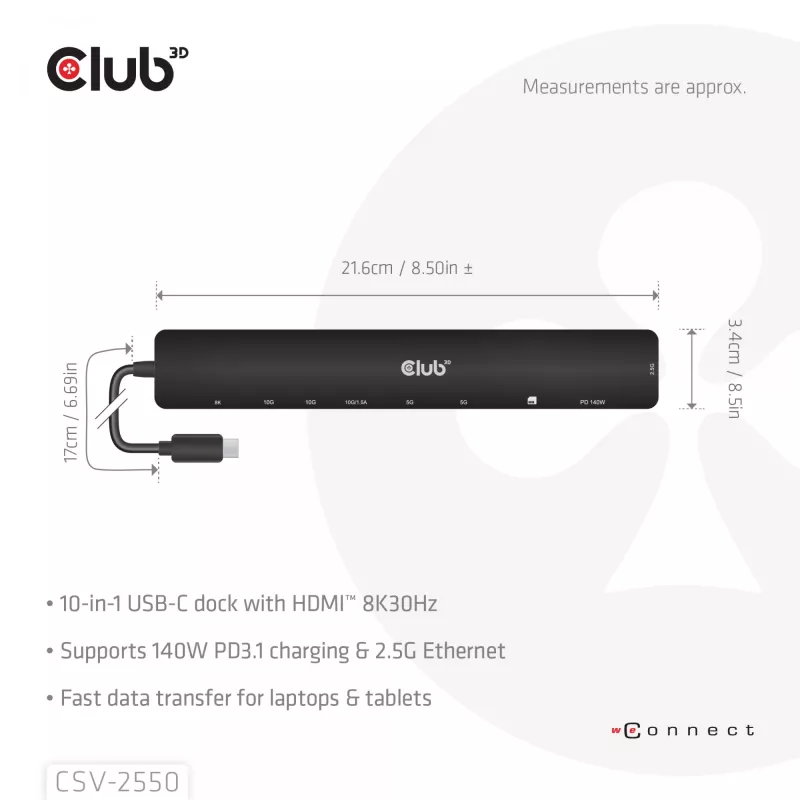 CLUB3D 10-1 Przenośna stacja dokująca USB Type-C® 10 Gb/s na HDMI™ 8K30Hz PD3.1 maks. 140 W