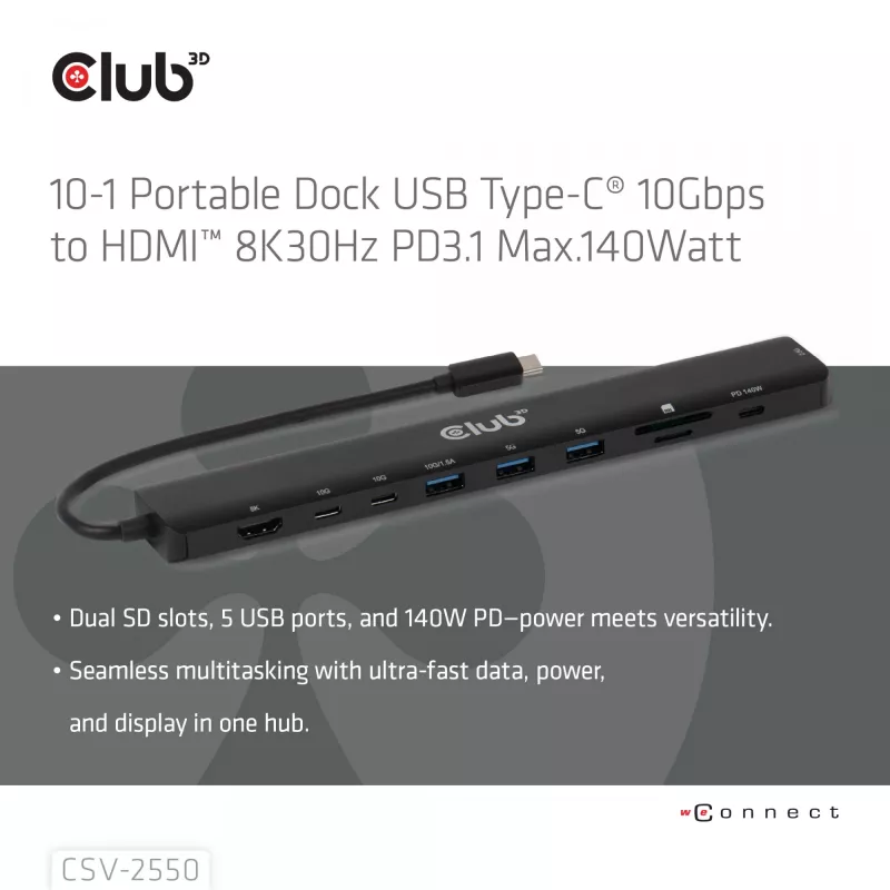 CLUB3D 10-1 Przenośna stacja dokująca USB Type-C® 10 Gb/s na HDMI™ 8K30Hz PD3.1 maks. 140 W