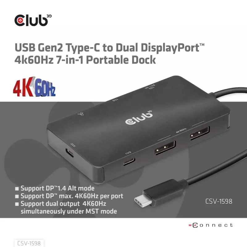 CLUB3D USB Gen2 Type-C do Dual DisplayPort 4k60Hz 7-w-1 HUB